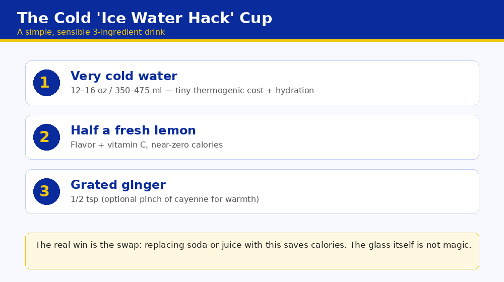 The 3 ingredient drink to lose weight — cold water, fresh lemon, and grated ginger combined in a glass with realistic expectations